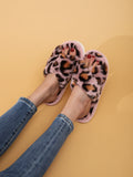 Women Cross Band Leopard Print Slippers Indoor Home Furry Slides Adults Fuzzy Open Toe Soft Sole Non Slip Warm Sandals