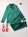 Women's Pajama Solid Pajama Set Long Sleeve Button Up Lapel Top & Pants Pj Set Women's Sleepwear & Loungewear