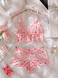 Sexy Strap Lingerie Set Women Bra And Panty Lace Heart Print Hollow Out Open Crotch Bras Panties Intimate Wear Clothing