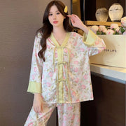 Women's 2 Piece Pajamas Set Floral Pijama Faux Silk Satin Pyjama Female Sleepwear Long Sleeve V-Neck Shirt Pants Suits Homewear