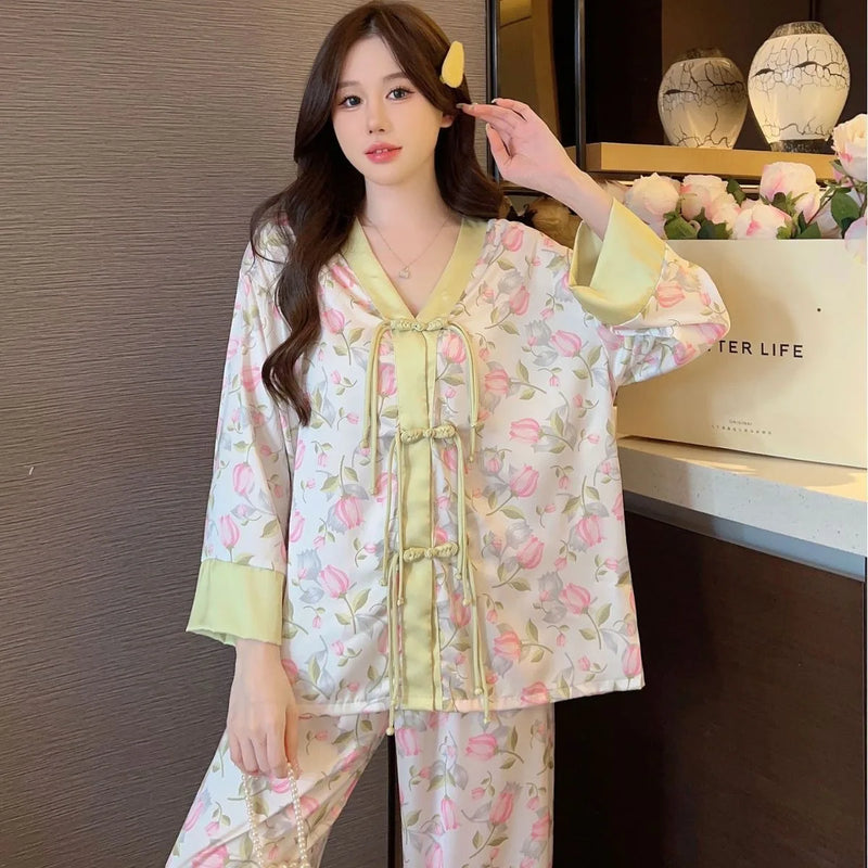 Women's 2 Piece Pajamas Set Floral Pijama Faux Silk Satin Pyjama Female Sleepwear Long Sleeve V-Neck Shirt Pants Suits Homewear