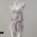 French Court Ice Silk Suspender Sleep Tops & Shorts Pajamas with Chest Pads Sexy Soft Thin Lace Embroidery Home Clothes Set