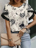 Women Round Neck Ruffle Sleeve Floral Print Chiffon Loose Top Boho Blouse Spring Vacay Beach Lightweight Breathable Top