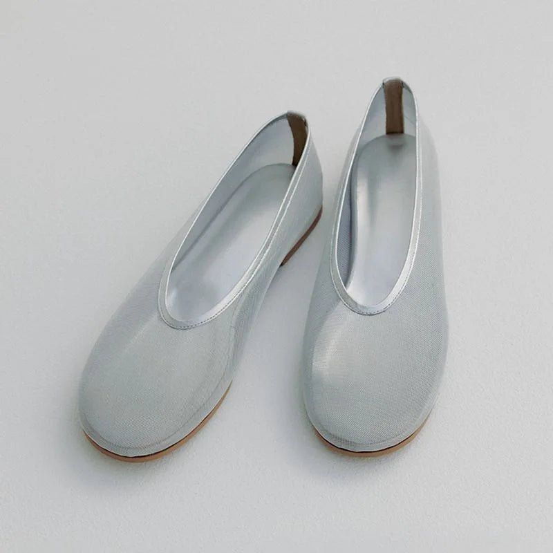 brand designer round toe lace flat shoes woman breathable summer loafers silver air-mesh moccasins sexy women mesh ballet flats