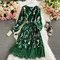 Retro Floral V-neck Waist Cinching Slimming Lace Patchwork Pleated Dress with Fashionable Stylish Colors Large Swing Long Skirt