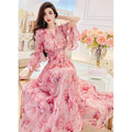 Korean Femme Sweet V-neck Dress Summer Lady Seven Divide Sleeve Long Dresses Women Fashion High Waisted Chiffon A-line Maxi Dres