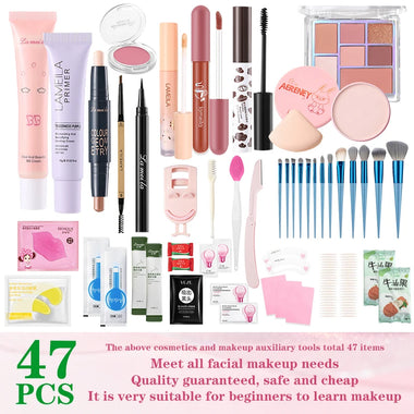 47PCS Set Waterproof Makeup Set BB Cream Eyebrow Pencil Eye Shadow Eyeliner Pencil Mascara Lipstick Loose Powder Brush Tool Set