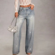 Full-Drill High-Waist Wide-Leg Denim Jeans Women Sparkling Water Diamond Long Pant Jeans Trendy Hot Girl Street Style Trousers