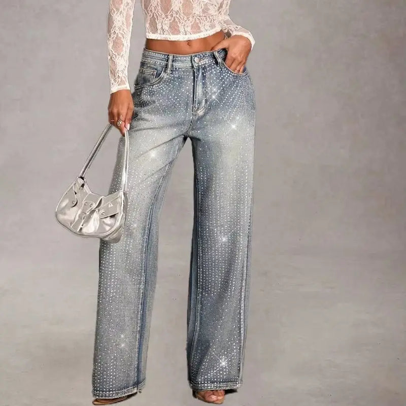 Full-Drill High-Waist Wide-Leg Denim Jeans Women Sparkling Water Diamond Long Pant Jeans Trendy Hot Girl Street Style Trousers