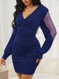2026 Sexy V-Neck See Through Long Sleeve Dress Women Spring Autumn New Year Party Mini Dresses Vestidos Cortos