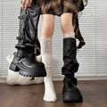 Y2K Women Slouch Knee High Boots Round Toe Faux Leather Multi Buckle Strap Thick Platform Sole Pull On Tall Boots