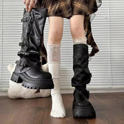 Y2K Women Slouch Knee High Boots Round Toe Faux Leather Multi Buckle Strap Thick Platform Sole Pull On Tall Boots
