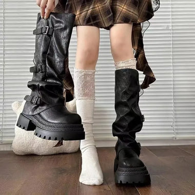 Y2K Women Slouch Knee High Boots Round Toe Faux Leather Multi Buckle Strap Thick Platform Sole Pull On Tall Boots