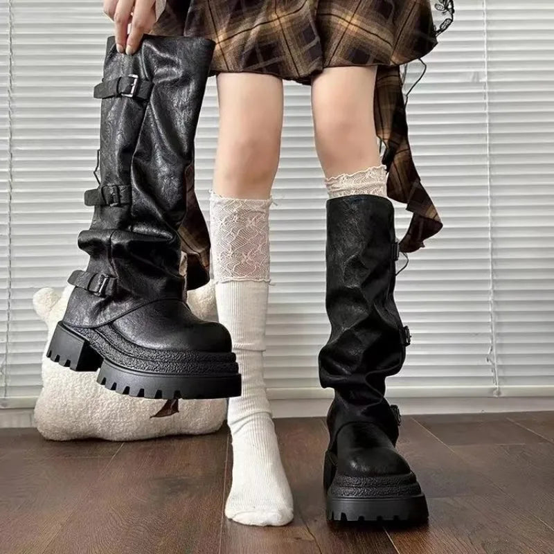 Y2K Women Slouch Knee High Boots Round Toe Faux Leather Multi Buckle Strap Thick Platform Sole Pull On Tall Boots