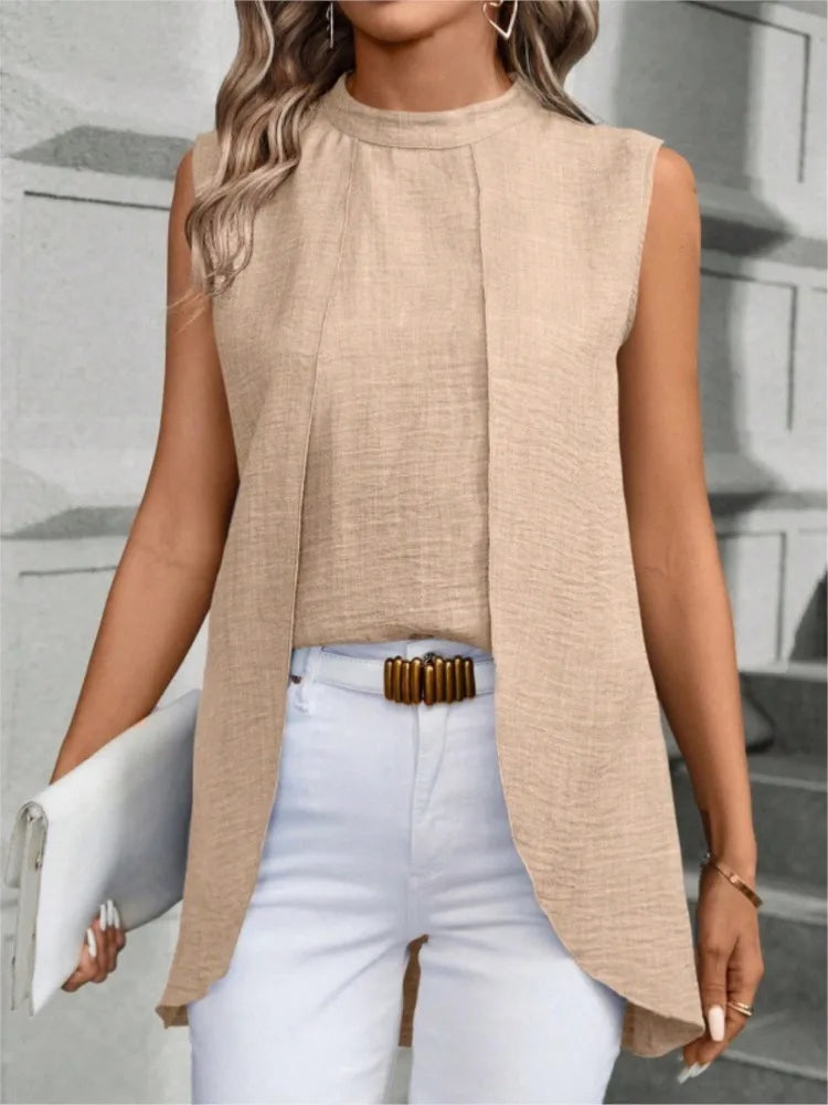2024 Fashion Two Fake Pieces Shirts For Women O-neck Sleeveless Shirt Tops Summer Elegant Solid Blouse Top Femme Black Clothing
