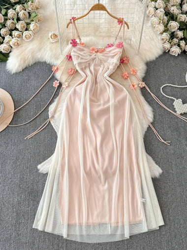 Foamlina Women Fairy Summer Dress Sexy Flowers Decoration Spaghetti Strap Sleeveless Backless Slim A Line Mesh Beach Maxi Dress
