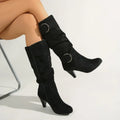 2026 New Pleated Design Buckle Strap Women's Knee High Zipper Boots Spring Autumn English Style Fashion Casual Women Shoes