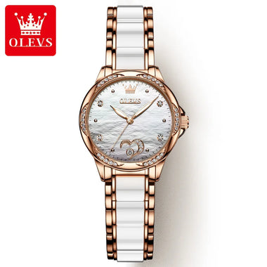 OLEVS Mechanical Watch for Women Ceramic Bracelet Decorative Stone Details Water Resistant Ladies Dress Watch for Daily Wear