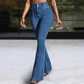 High-waisted Women's Blue Jeans, Patchwork-detailed Denim Flared Pants, Perfect for Spring and Fall.