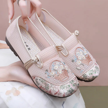 Women Slip On Floral Embroidered Mesh Flat Shoes Chinese Style Decorative Knot Breathable Lightweight Non-slip Mom Loafers