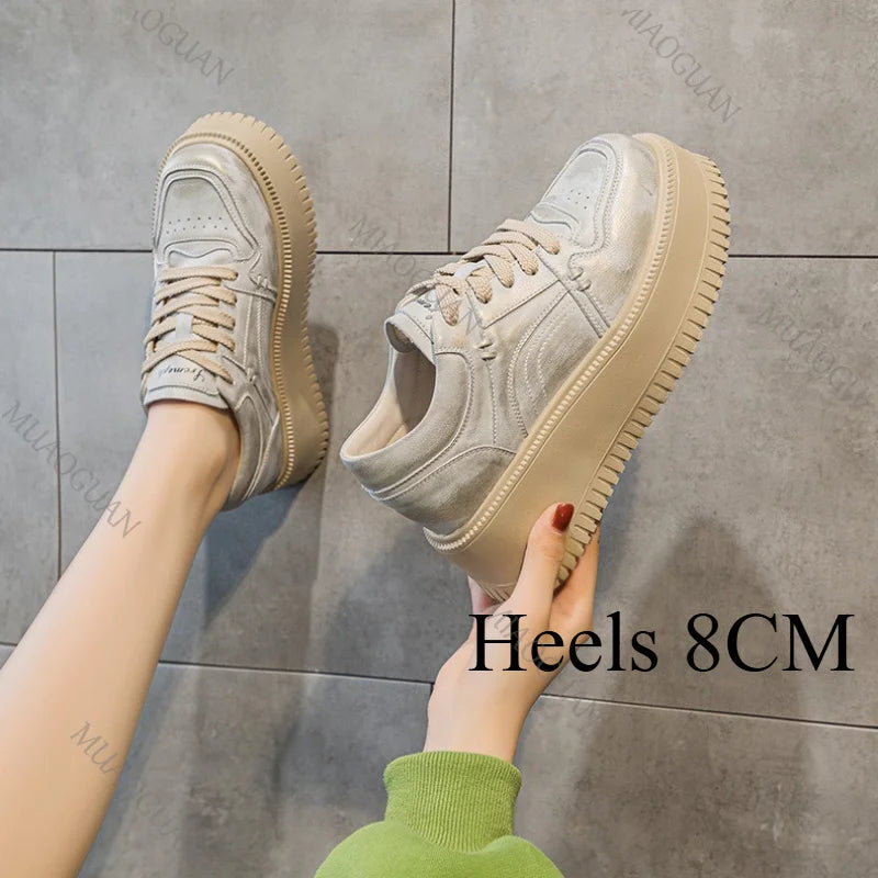 8CM Height Increasing Womens Shoes Fashion Causal Non-slip Sport Footwears Chunky Designer Vulcanized Lace-up Sneakers Zapatos