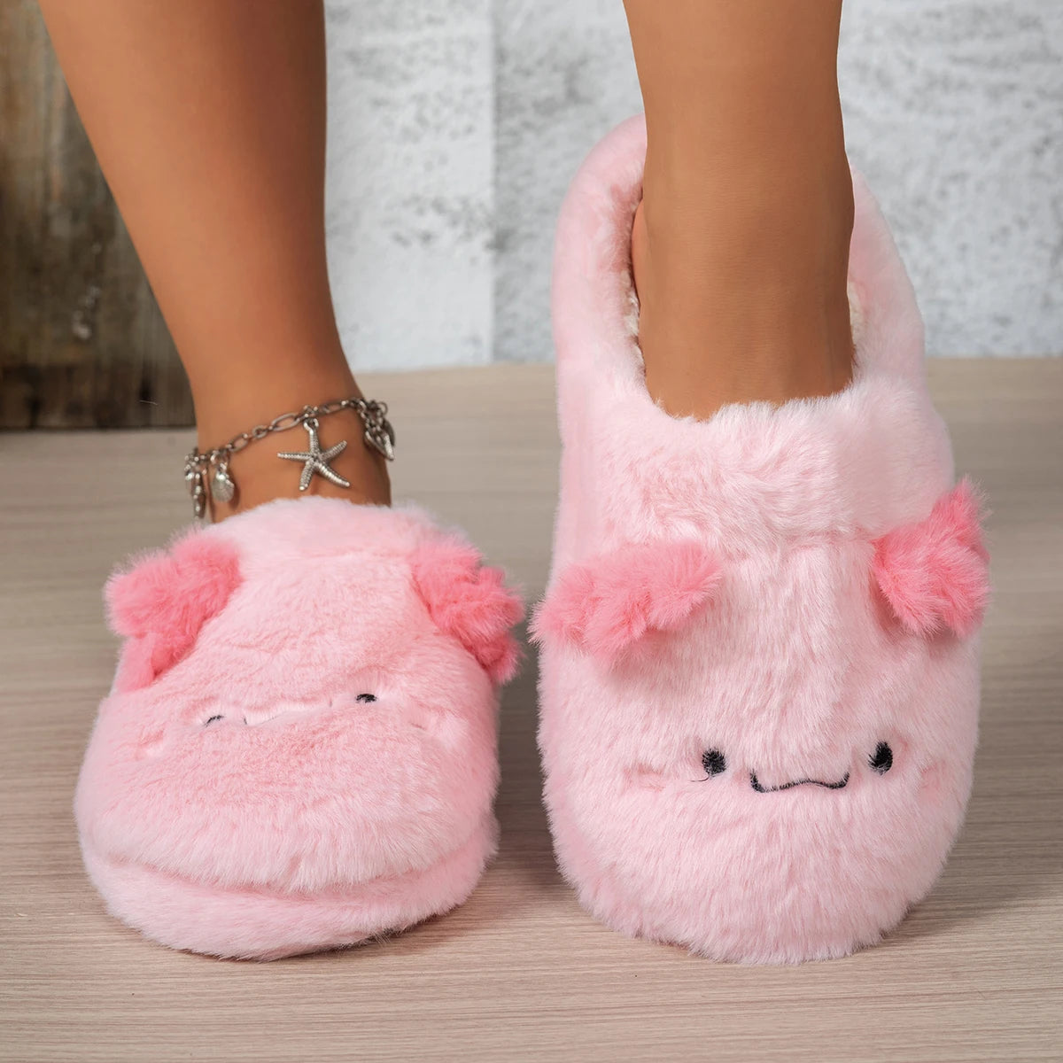 Winter Women Pink Axolotl Cute Cartoon Plush Slippers Indoor Fuzzy Warm Non-slip Bedroom Anti-slip Fluffy Shoes