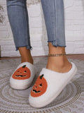 Autumn Winter Halloween Pumpkin Embroidery Fluffy Plush Slippers Warm Non Slip Unisex Closed Toe Indoor Bedroom Shoes