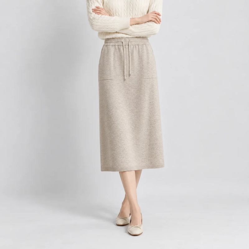 Women's Skirt Women's Knit Skirt Midi Length Drawstring Waist Straight Casual Loose Skirt with Pockets