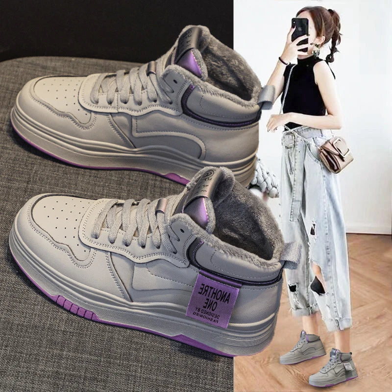 Women Winter Sneakers Women High Top Genuine Leather White Sneakers 2026 Autumn Winter New Hot Korean Versatile Fleece Lined Thick Platform Casual Spo