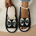 Sweet Plaid Bowknot Plush Home Slippers Women Indoor Open Toe Non Slip Cotton Slides Plus Size 45 Soft Sole House Floor Shoes