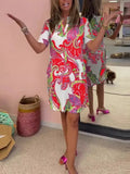 Women's Summer Dress Streetwear Loose V-neck Short Sleeve Fashion Casual Knee-Length Dress Vintage Print Elegant Party Dresses