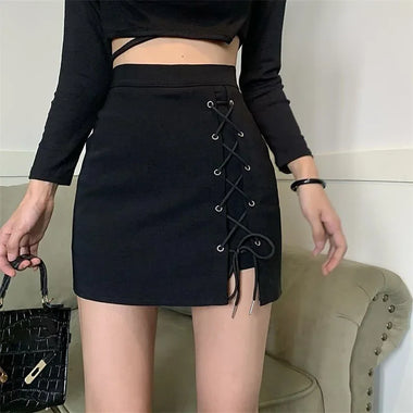 Xpqbb Gothic High Waist Black Mini Skirts Women Sexy Tight Bandage Bag Hip Short Skirt Woman Korean Slim Fit Zipper A Line Skirt