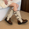 Women Spliced Knee High Boots, Canvas & Leather Patchwork, Multi Buckle Round Toe Low Block Heel Vintage Casual Riding Boots