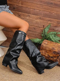 Winter Women's Fashion Folding Knee-high Boots Solid Color Non-slip Thick-soled Wide-leg PU Leather Fashion Boots Botas Mujer