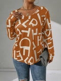 Plus Size Letter Print Long Sleeve Top, Pearl Strap Backless Knotted Blouse For Women