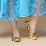 Stylish Bowknot Belly Dancing Shoes Golden Leather Indian Dance Shoes Roll Up Soft Foldable Ballet Flats Girls