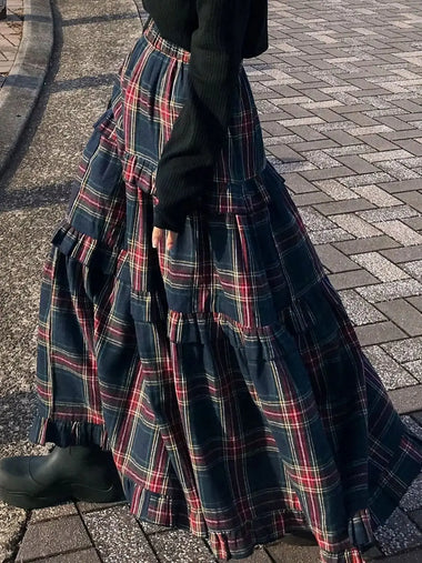 Women's Skirt Women's Plaid Maxi Skirt, Ruched & Ruffled Design, Elastic Waist Casual Elegant Long Skirt
