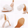 8cm Luxury Women High Heeled Sandals White Flower Shallow Mouth Fine Heel Fish Mouth High Quality Wedding Shoes Zaptos Mujer