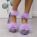 Women 2026 New Fur Sandals Thick Heels Fluffy Faux Fox Fur Shoes Women Summer High Heels Furry Pumps Fur Slippers Platform Shoes