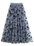 Korean Women Tulle Skirt Fashion Summer Hook Floral Loose Midi Skirt Elegant Female Casual All Match Mesh Skirts New