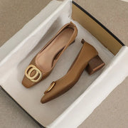 Luxury square toe high heels for women's 2025 Spring and Autumn New Work Shoes Shallow Mouth Thick Heel Casual Women's Shoes