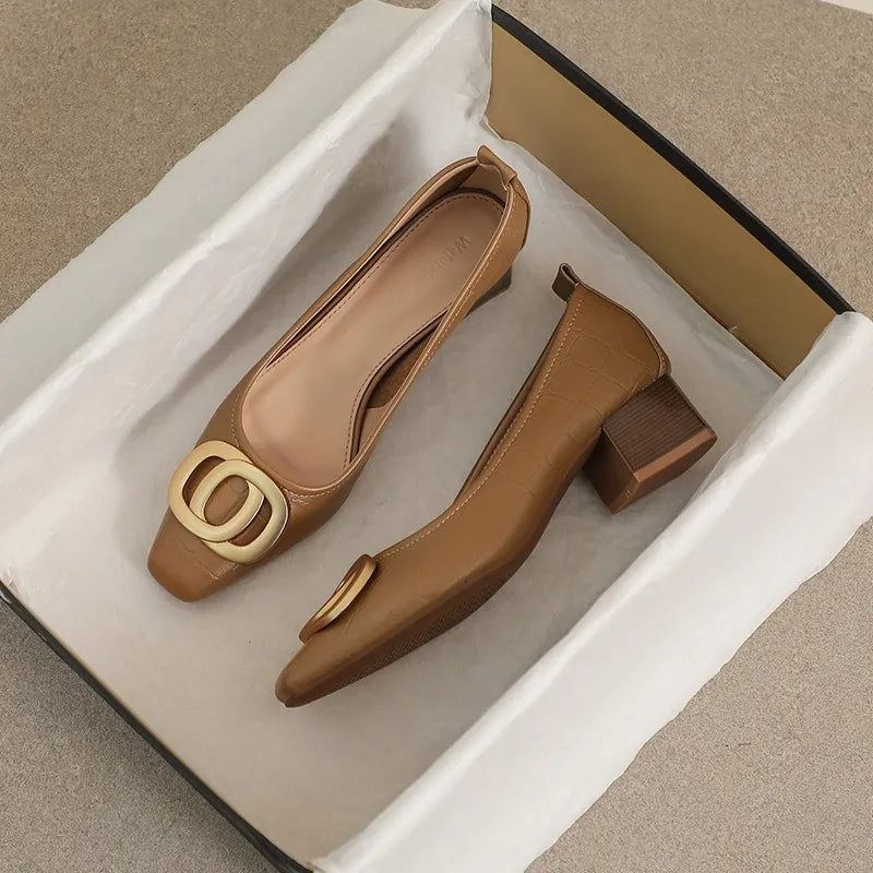 Luxury square toe high heels for women's 2025 Spring and Autumn New Work Shoes Shallow Mouth Thick Heel Casual Women's Shoes