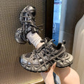 Women Mesh Platform Sneakers Cross Strap Lace Up Chunky Dad Shoes Thick Sole Breathable Fashion Walking Shoes for Daily Outdoor