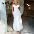 Women Summer Solid Spaghetti Strap Maxi Dress Tie Front Bust Corset Waist Long Dress Elegant Holiday Beach Party Casual Sundress