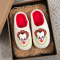 A Pair of White Horror Movie Elements Clown Pattern Embroider Plush Home Thick-Soled Comfortable Furry Slippers Punk Style Personalized Warm Non-Slip Indoor Slippers Halloween Gifts for Men and Women Can Wear Slip-On Shoes