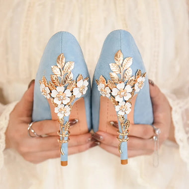 Fashion Light Luxury Pointed Toe High-heeled Stiletto Women's Shoes Sexy Metal Flower Wedding Shoes Banquet High-quality Single