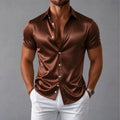 Men's shirt, navy blue short sleeved shirt, slim fit lapel shirt, light luxury business casual men's top, comfortable fabric