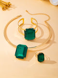 Women's Rectangular Large Emerald Jewelry Set, Gold-Plated Open Choker Necklace, Ring, and Bracelet Three-Piece Set, Exaggerated Accessories for Banquets and Parties