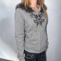 Women Gothic Y2K Zip-up Hoodie  Faux Fur Hood Trim Vintage Floral Rhinestone Print Long Sleeve Front Pocket Casual Sweatshirt