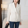Miyake Pleated Women Cream Ribbed Knit Blazer Lapel Double Breasted Long Sleeve Slim Jacket Elegant Office Outerwear